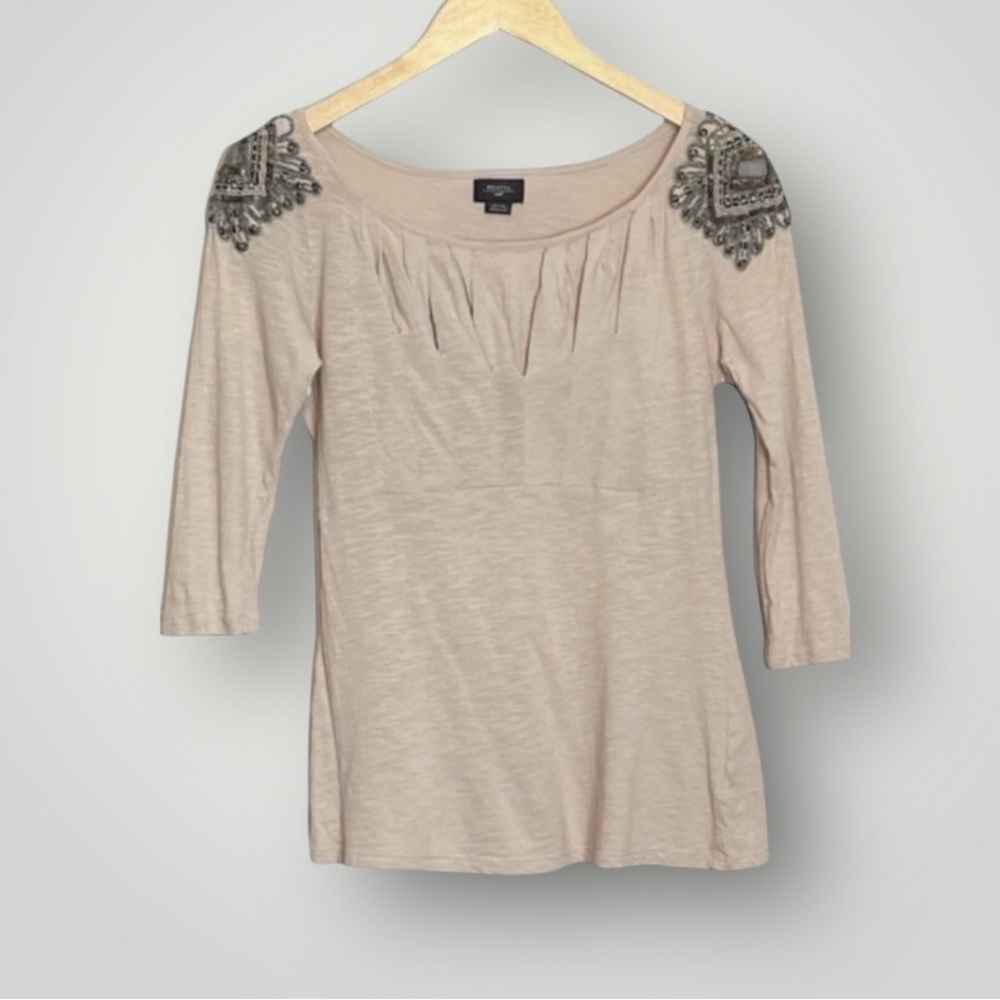 Deletta Anthropologie | Corinthian Beaded Sequin Top Pleated Neck 3/4 Sleeve - Picture 2 of 9